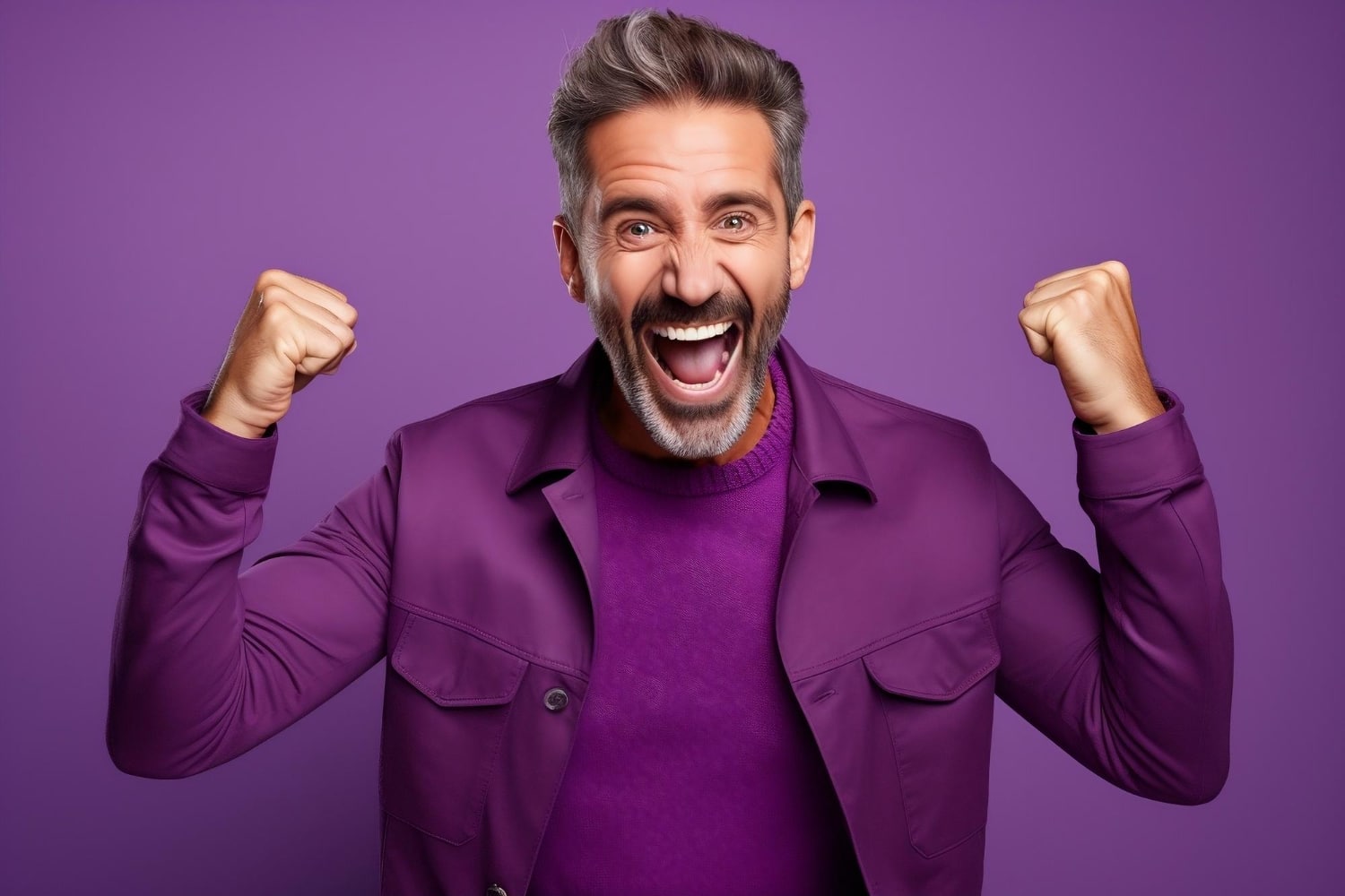 A man in a purple jacket who is very happy with a big smile
