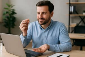 Uomo in ufficio guarda un piccolo tartufo da microdosing sulla scrivania con un laptop